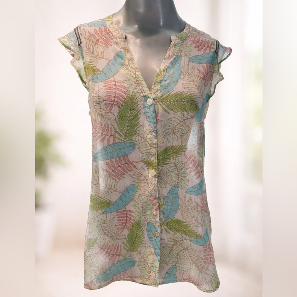 ESQUALO Tropical Print Sheer Short Sleeve Blouse Size 8 Medium
